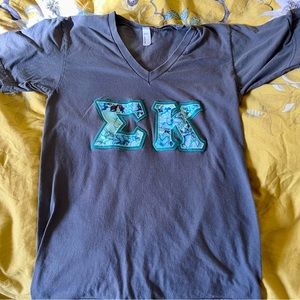 Gray Sigma Kappa V-Neck with Teal Embroidered Greek Letters
